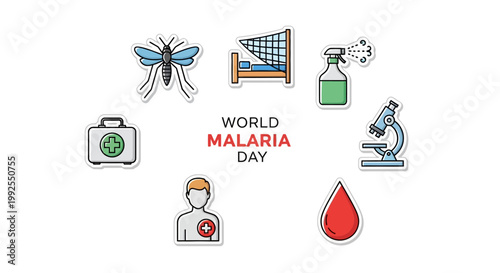 Against a clean white backdrop, a flat lay illustration promotes World Malaria Day with icons representing mosquito bite prevention, disease control, and medical research