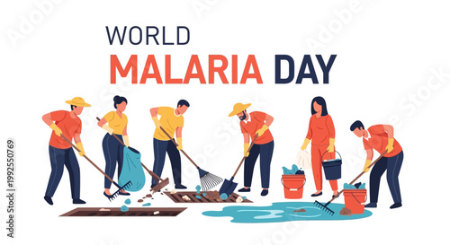 A vector illustration depicting World Malaria Day with a group of people participating in a global health campaign to raise infectious disease awareness, using tools to clean an area, set