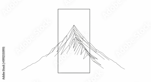 Minimalist mountain peak outline inside a rectangle, abstract line art landscape
