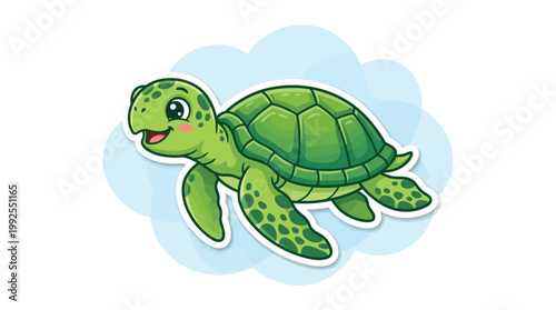 Cute Green Sea Turtle Cartoon Sticker Illustration for Children Education and Marine Life Design Projects Isolated on White