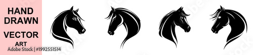 Elegant black horse head vector illustration set hand drawn style isolated on white background modern minimalist equine logo design collection for branding projects