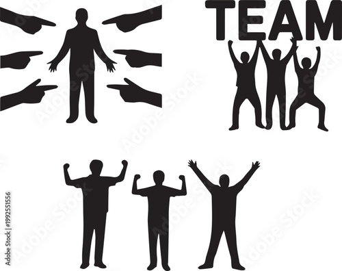 Team support silhouettes, blame pressure confidence success motivation leadership concept