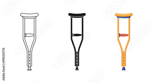 Set of medical underarm crutches displayed in outline silhouette and colorful flat vector graphic styles for rehabilitation equipment design projects needing professional orthopedic mobility aid icons
