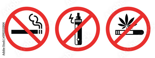 

Forbidding vector signs, no smoking, no drugs, no vaping prohibition icons, isolated red circle and slash warning symbols on white background