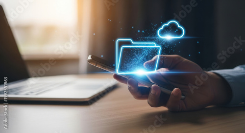 Cloud storage digital folder secure concept, Systematic data storage, access remote backup seamless management, Hand click on digital cloud folder, symbolizing secure online backup, file management