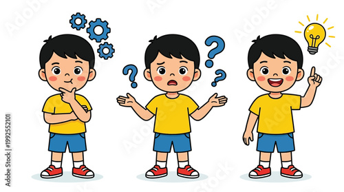 Little Boy Character Set Illustrating Thinking Process Confusion and Creative Idea Generation for Kids Education
