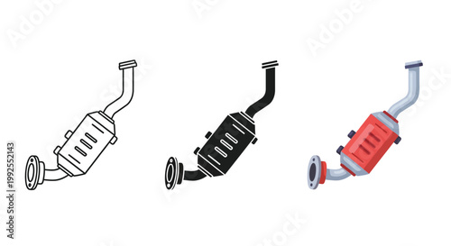 This vector graphic illustration presents a modern automotive catalytic converter in multiple stylized formats ideal for mechanical diagrams repair guides or emissions control system explanations.