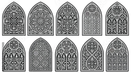 Set of Ornate Gothic Arch Window Silhouettes with Medieval Floral and Geometric Patterns for Creative Design
