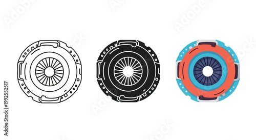 A vector illustration of a car clutch plate shown in three distinct styles including line art silhouette and colorful graphic design