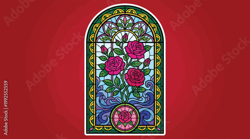 Ornate Gothic Style Stained Glass Window with Pink Roses and Green Leaves Floral Illustration for Interior Decor Graphic Design