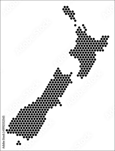New Zealand hexagon map. Plain black and white dotted shape template. Country tiny hexagon cells. New Zealand flat honeycomb template. Vector Illustration.