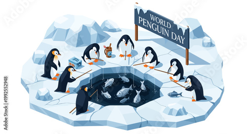 A vibrant vector illustration shows penguins ice fishing around a hole in the ice for World Penguin Day, with a flag marking the occasion set against a bright, icy landscape that evokes