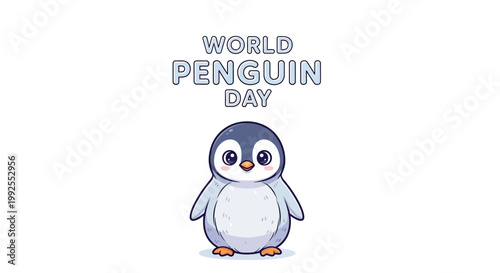 A cute penguin cartoon illustration celebrates World Penguin Day with a clean vector design against a white backdrop, showcasing antarctic wildlife and penguin social behavior in an animal