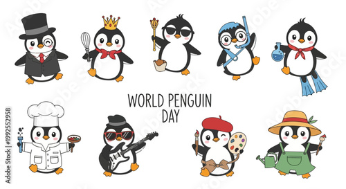 A World Penguin Day vector illustration featuring a collection of cute penguin characters dressed in various costumes, arranged against a clean white backdrop with bright, cheerful colors