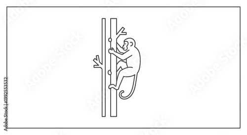 Monkey Climbing Tree Trunk - Stylized Line Art Illustration