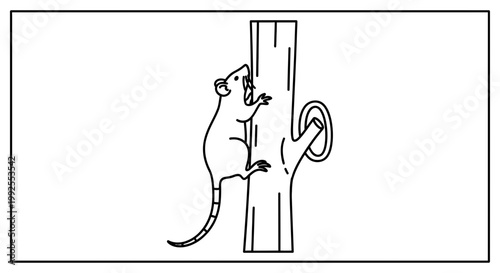 Mouse climbing a tree trunk with a knot, black and white line art illustration