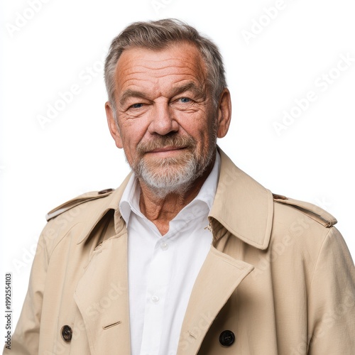 handsome 60 years man wearing a beige trench coat isolated on a white background