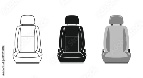A professional vector graphic design illustration featuring three distinct styles of car seats displayed in outline silhouette and shaded flat format for automotive interior design projects
