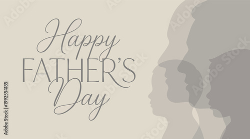 Elegant Happy Father's Day minimalist greeting card illustration featuring overlapping silhouettes of a father and son on a clean neutral background.