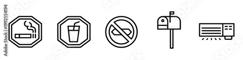 Hotel signals outline icons set, thin line icon sheet collection, including no mobile phone, no chemical products, unchecked status
