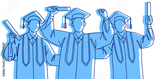 Graduation Celebration with Students Holding Diplomas. Line illustration with blue shading