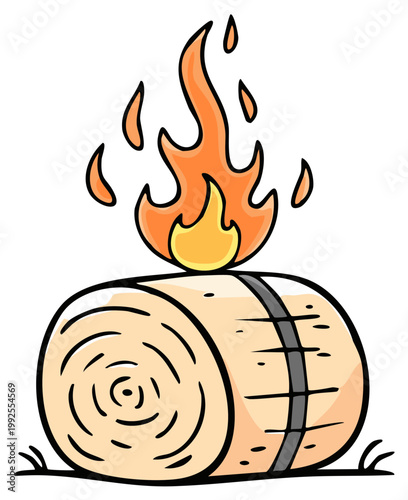 Cartoon Hay Bale Burning with Fiery Flames in a Farm Field Illustration
