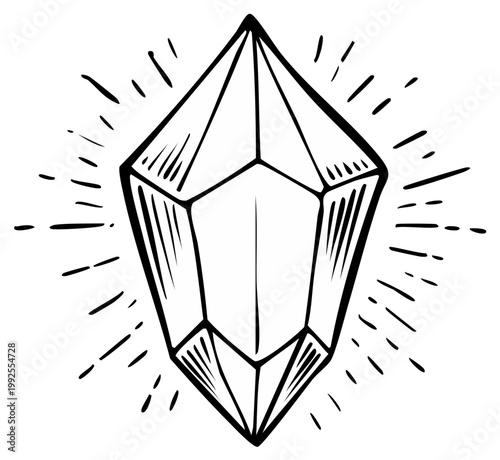 Hand-drawn crystal graphic with radiant light effect in a vintage style.