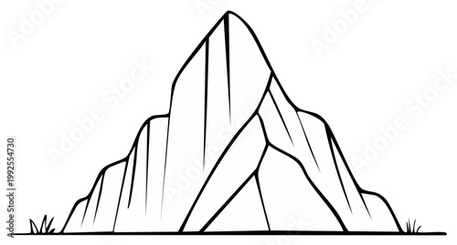 Mountain range illustration with rugged peaks and sparse vegetation, simple black and white line art of a natural landscape
