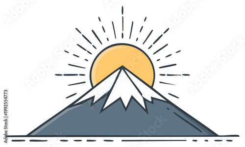 Mountain peak with snow cap and rising sun graphic vector element for design and decoration.