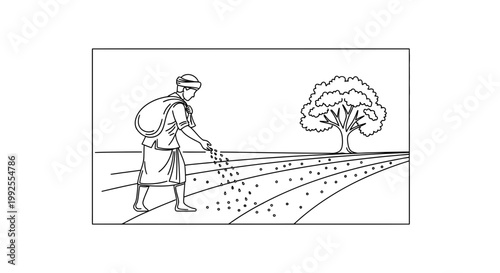 Farmer sowing seeds by hand in a field with a tree in the background, agricultural work