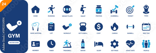 Gym icon collection featuring dumbbell, barbell, protein, squat, workout and cardio symbols. Solid vector icons.