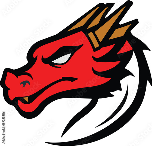 Profile of a fierce red dragon head with golden horns and sharp teeth, a powerful beast.
