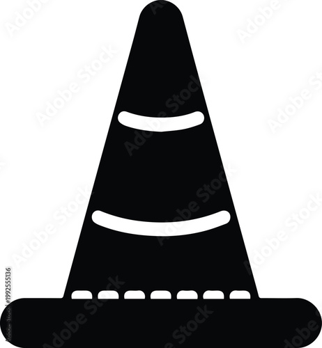 Black silhouette of a traffic cone with white reflective stripes, a safety warning symbol.
