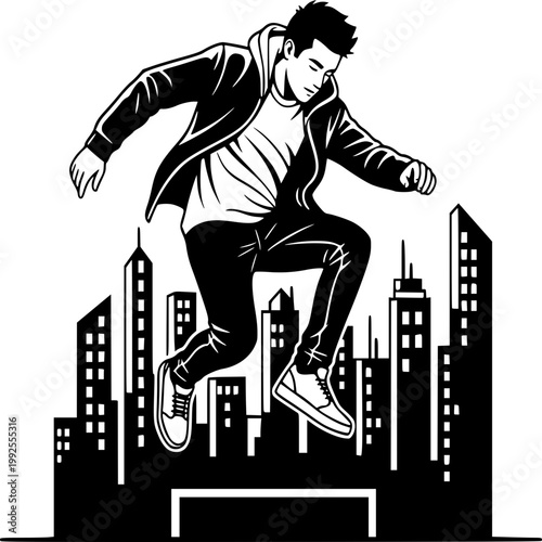 Urban Acrobat: A silhouette captures a dynamic individual leaping with precision over an urban skyline, embodying agility, freedom, and the daring spirit of parkour.