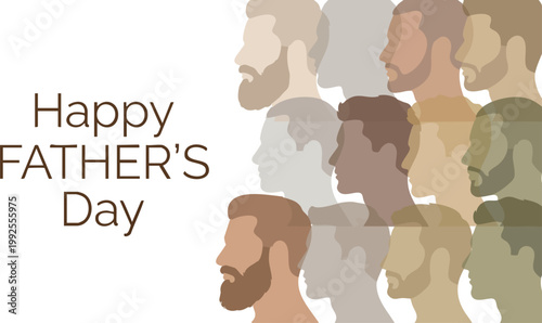 Digital illustration for Father's Day featuring a diverse group of bearded men silhouettes overlapping in profile beside holiday greeting text.