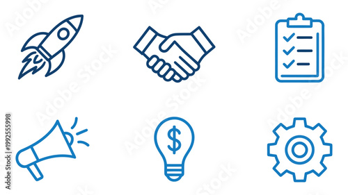 Icons for innovation, communication, and business concepts, creative idea and teamwork symbols, modern flat illustration