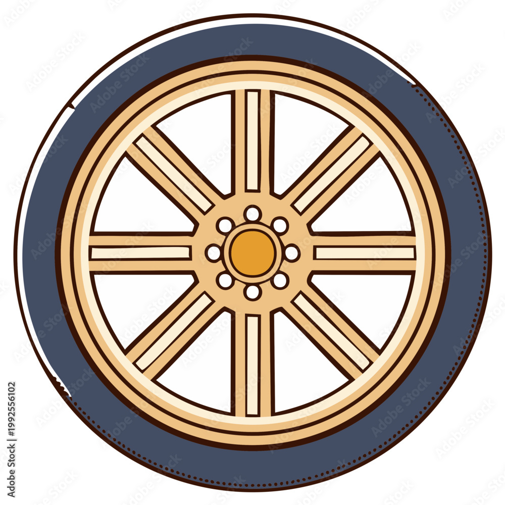 Obraz premium Illustration of a classic car wheel with a dark blue tire and golden spokes