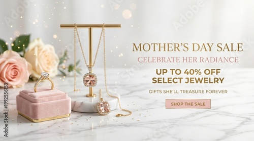 Mothers day jewelry sale advertisement featuring a ring and necklace set on a marble surface