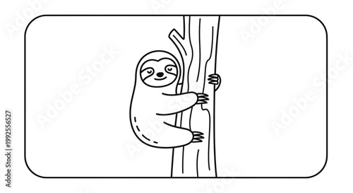 Cute Sloth Hanging on Tree Branch, Simple Line Art Drawing, Adorable Animal Illustration