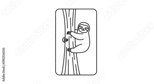 Cute Sloth Climbing Tree Trunk, Simple Line Art Icon, Vector Illustration