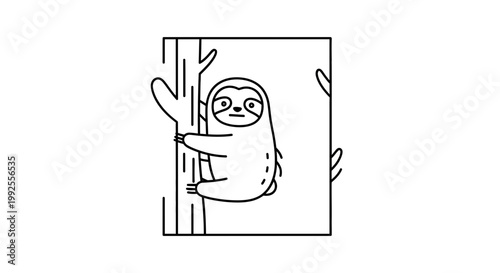 Cute Sloth Hanging on Tree Branch, Simple Line Art Illustration, Minimalist Style
