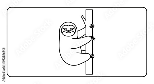 Cute Sloth Hanging on Tree Branch, Simple Line Art, Vector Illustration
