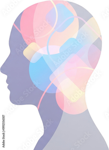 Silhouette of a human head profile filled with abstract pastel colored shapes overlapping circles squares and lines colors pastel colors creative imagination concept design