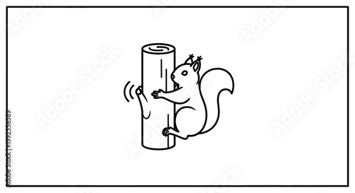 Cute squirrel climbing a tree trunk, black and white line drawing, nature illustration