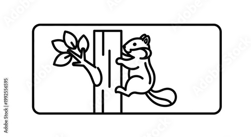 Cute Squirrel Climbing Tree Branch with Leaves - Line Art Icon