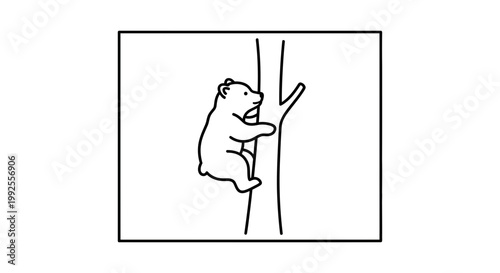 Cute cartoon bear climbing a tree, simple line drawing, isolated on white background