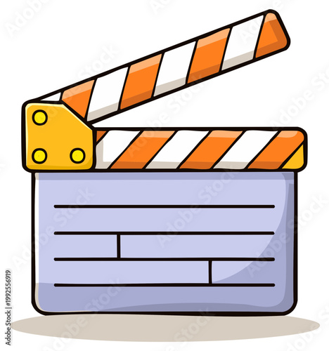 A cartoon illustration of a clapperboard with orange and white stripes ready for action