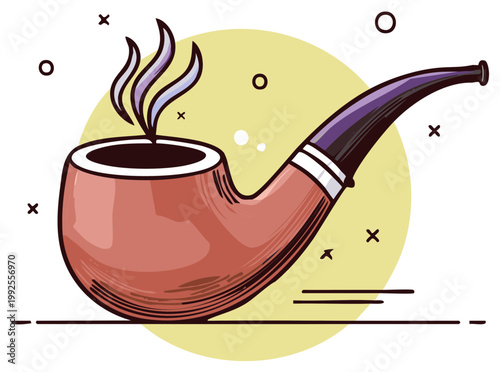 Illustrated tobacco pipe with steam and abstract decorative elements