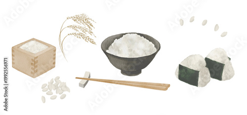 日本の米と食事の水彩イラスト - 升、稲穂、白米、箸、おにぎり300dpi