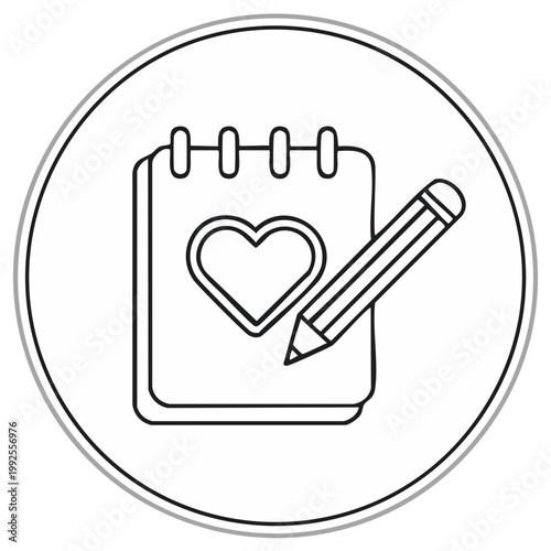 Illustrated notebook with heart drawing and pencil icon representing journaling creative thoughts and affection